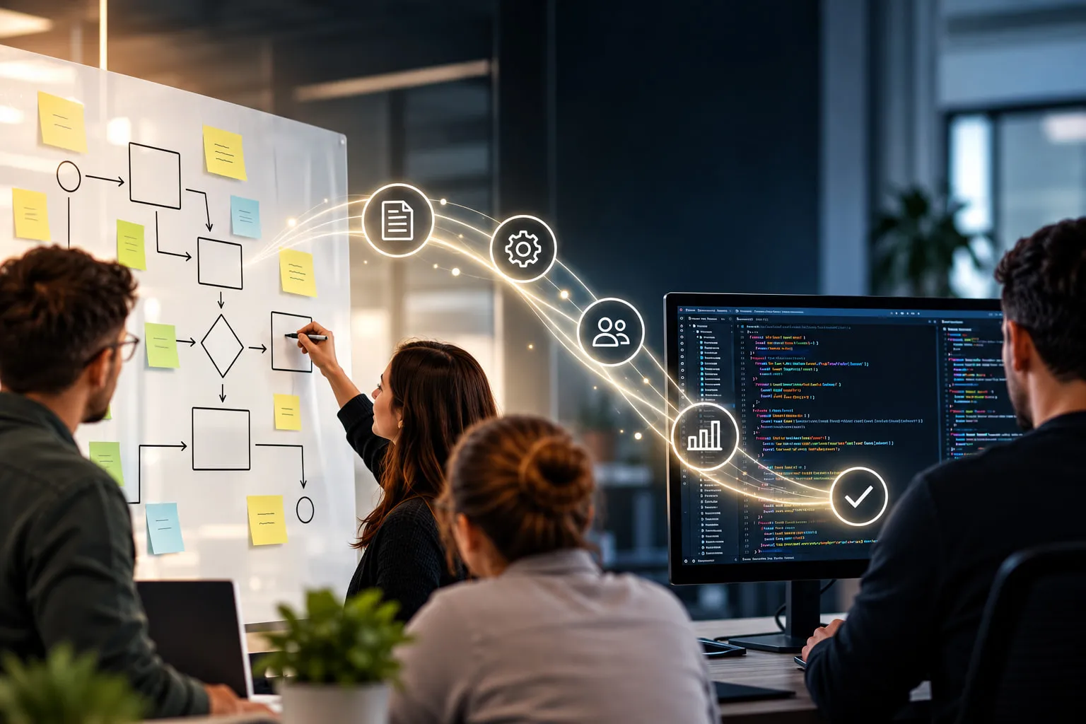Team zeichnet einen Ablauf auf ein Whiteboard, eingeblendete Symbole führen von dort zum Quellcode auf einem Bildschirm