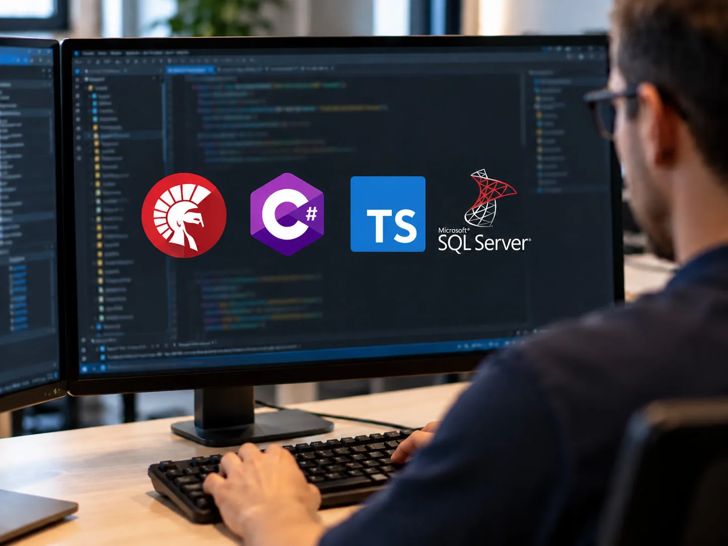 Entwickler vor zwei Bildschirmen mit Quellcode, darüber die Logos von Delphi, C#, TypeScript und Microsoft SQL Server